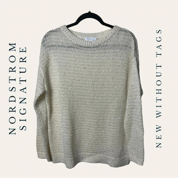 1240. NORDSTROM SIGNATURE CASHMERE/ALPACA/WOOL SWEATER SIZE SMALL CREAM/SEQUINS - Picture 1 of 10